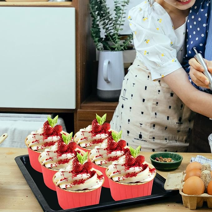 Large Cupcake Liners Baking Cups 50 Pack,LNYZQUS 5oz Foil Muffin Cups Muffin Tins,Disposable Ramekins Tins with Lids and Spoons,Cupcake Wrappers Holders for Wedding Bakery-Red in gold