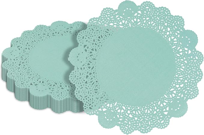 Pastry Tek 8 x 8 Inch Paper Lace Doilies, 100 Disposable Table Doilies - Elegant Lace Finish, Long Lasting, Teal Paper Doily, for Pastries, Cupcakes, Desserts - Restaurantware