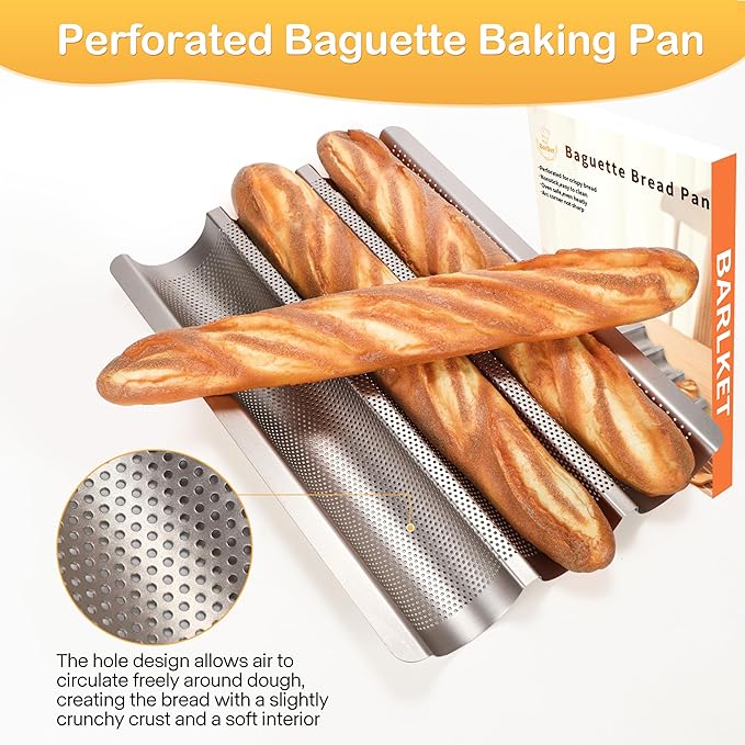 Baguette Bread Pan, Perforated French Bread Pan, Nonstick Bread Pans for Baking, with Baguette Kit – Includes Proofing Cloth & Dough Cutter, 15x11 Inch Golden, 3 Loaf