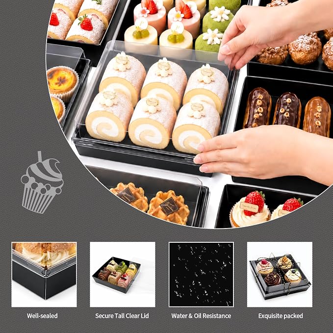 7 x 7 x 2.6 Inches Large Charcuterie Boxes with Clear Lids, 50 Pack Disposable Square Black Bakery Boxes, To Go Paper Food Container for Cake Slices, Sandwiches, Cookies, Dessert