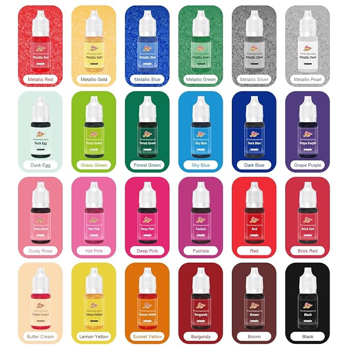 Mtcolors 24 Airbrush Food Coloring Liquids, 100% Food Grade Food Coloring for Cake Decorating, Edible Metallic Airbrush Food Colors, 10ml/bottle