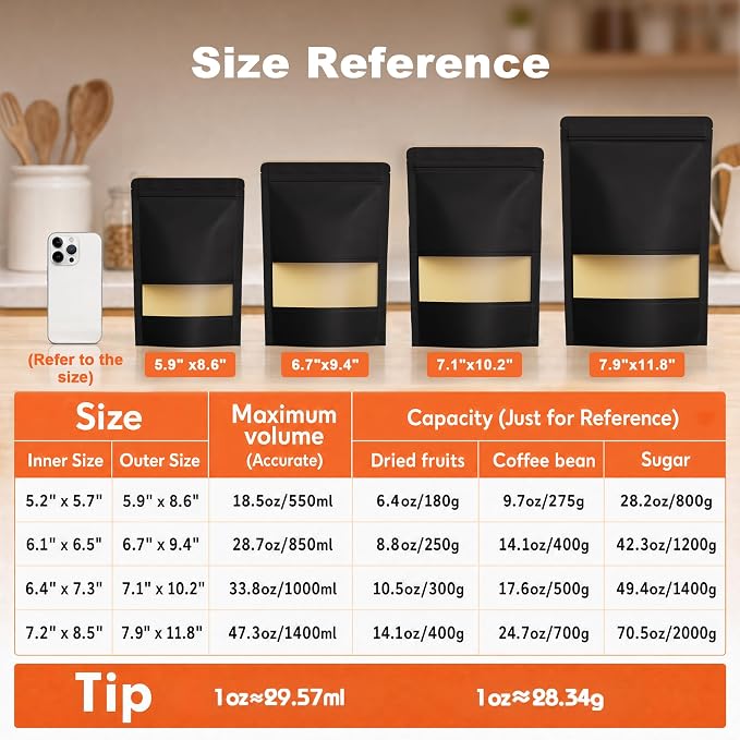 FireKylin 100 Pcs Resealable Bags, Paper Stand Up Pouches Bags with Matte Window for Small Businness, Zipper & Heat Sealable Treat Bags for Packaging(Inner Size 6.1" x 6.5"; Outer Size 6.7" x 9.4")