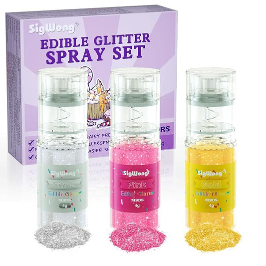 Edible Glitter Spray Set - 100% Edible Glitter for Cakes, Cupcakes, Cake Pops, Drinks, Chocolate, Strawberries, Cookies, Food Grade Coloring Glitter, Gold, Silver, Pink (4g/Bottle)