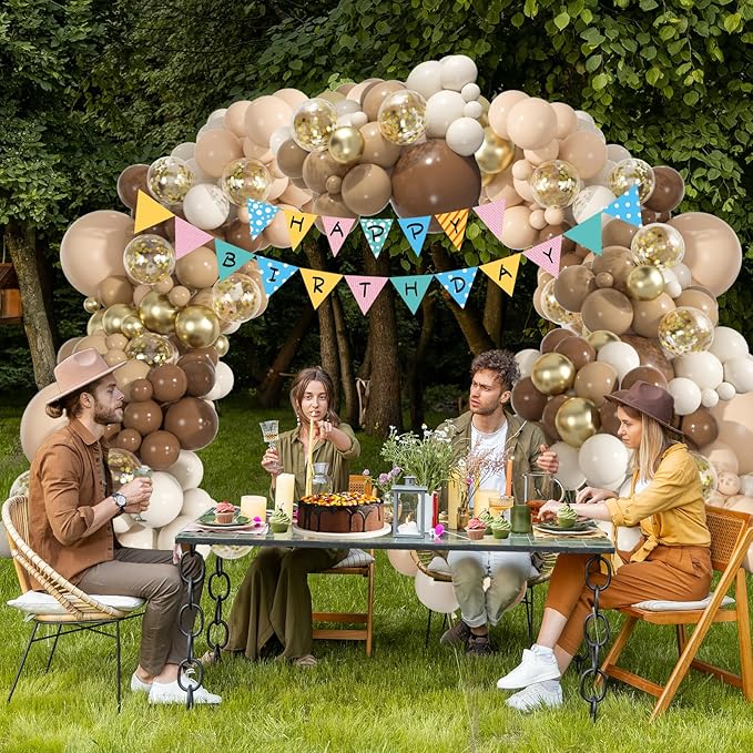 136pcs Brown Balloon Arch Kit, 18 12 10 5 inch Dark Brown Nude Gold Confetti Balloons Garland for Neutral Bear Baby Shower Safari Birthday Party Decorations Supplies