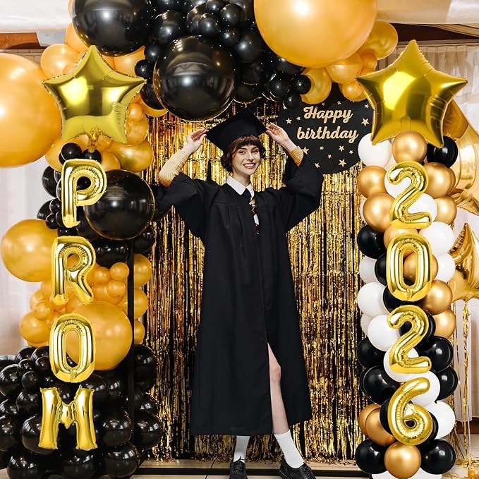 2 Sets Black Gold Balloon Column Stand Kit with Balloons Prom Send off 2026 Prom Themed Decoration Black Gold Balloon Tower Stand for Floor Grad School & College Celebration Party Supplies