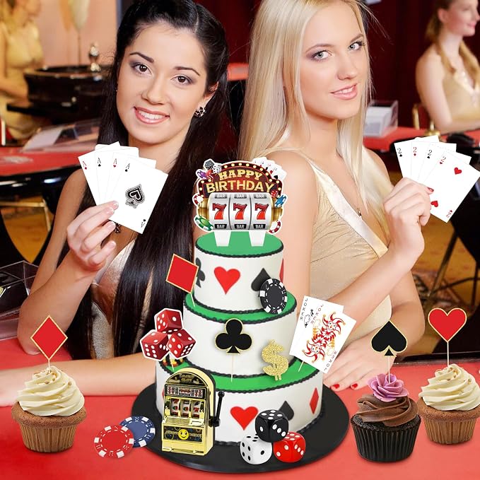 24 Pieces Casino Cake Topper Set with Mini Toy Slot Machine Poker Casino Cupcake Toppers for Casino Game Night Birthday Party Decorations Supplies