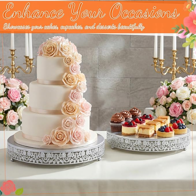 Wenqik 2 Pack Cake Stand Set, 14/16 Inch Metal Round Cupcake Dessert Stand Decorative Elegant Cake Display for Weddings Party Birthday Baby Showers Anniversary(Classic Floral,Silver)