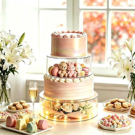 2 PCS Acrylic Clear Cake Stand Round 6 & 10 Inch Cake Display Stand with Lid Fillable Tier Cylinder Box for Wedding Birthday Baby Shower Party (6" & 10")