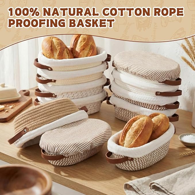 Gisafai 12 Set Banneton Bread Proofing Baskets Bulk 10 Inch Oval Cotton Rope Artisan Sourdough Bread Banneton Dough Proofing Bowls with Cloth Liners and Covers for Homemade Baking Bakery