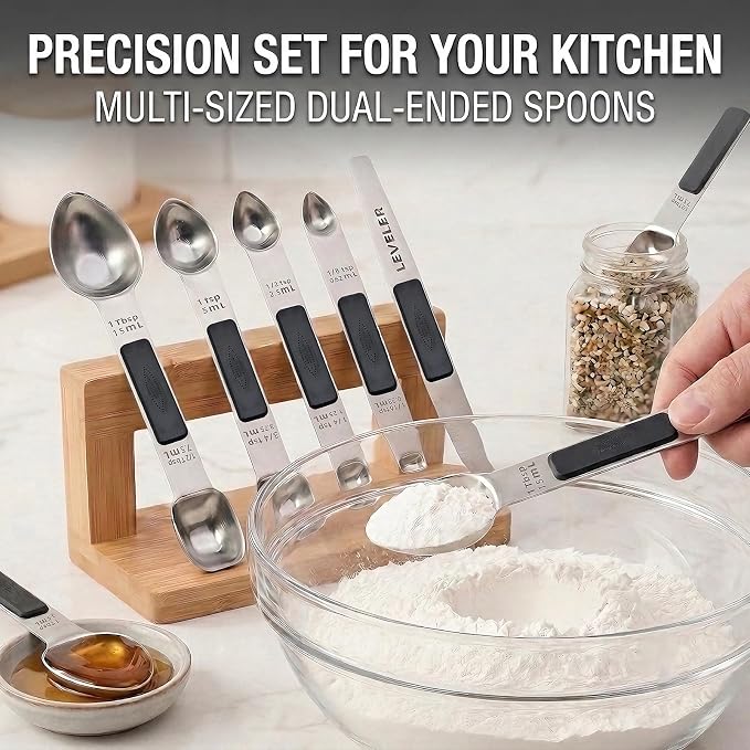 Magnetic Measuring Spoons,Stainless Steel Dual Sided Tablespoons,Extra Long Handle for Deep Jars,Heart-Shaped&Square Heads that More Easier to Excavate,Laser Markings,Non-Slip Grip(set of 5)