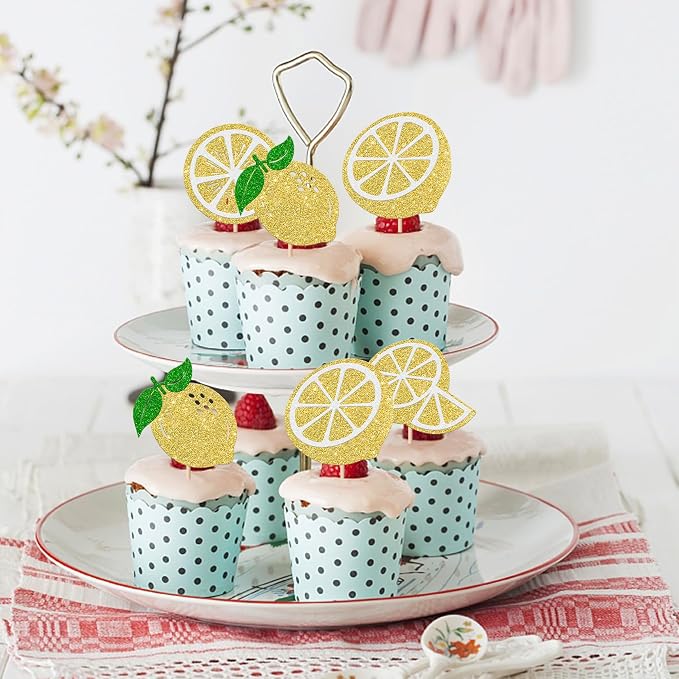 Rsstarxi 24 Pack Yellow Lemon Cupcake Toppers Glitter Fruit Lemon Cupcake Picks for Baby Shower Birthday Anniversary Party Cake Decorations Supplies