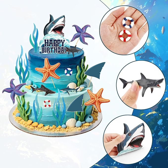 Hooqict 24Pcs Shark Cake Decorations Set with Mini Sea Animals Shark Cake Toppers & Cupcake Toppers for Ocean Theme Under the Sea Birthday Party Decorations Supplies
