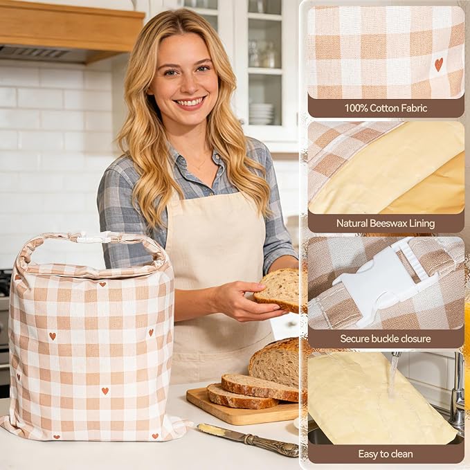 Beeswax Bread Bag for Sourdough, 1 pc Reusable Beeswax Bread Bag for Homemade Sourdough, XL Natural Cotton and Linen Food Storage Bag for Picnics, Pantry, Long-Lasting Freshness (Checkered Pattern)