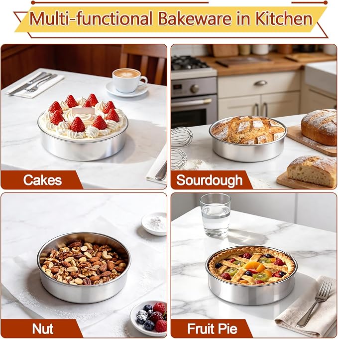 P&P CHEF 7 Inch Cake Pan Set of 3, 3 Pieces Round Layer Cake Baking Pans, Stainless Steel Smash Cake Tin Bakeware for Cooking Steaming, Nontoxic & Sturdy, Oven & Dishwasher Safe