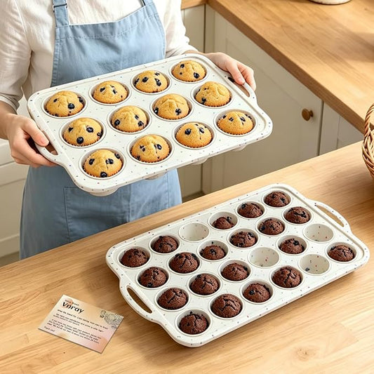Silicone Muffin Pan Set: Non Stick 12 & 24 Silicone Muffin Pans for Baking Easy Release - Complete Shaping Each Use Avoid Re‑baking - BPA-free Cupcake Tin Reinforced Frame for Oven Home Bakers