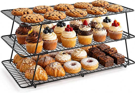 Cooling Rack, 3 Tier Stackable Cooling Racks for Cooking Baking Roasting, Multi-Level Collapsible Cookie Rack for Cakes, Oven Safe & Easy Clean (Black, 3-Tier-SL)