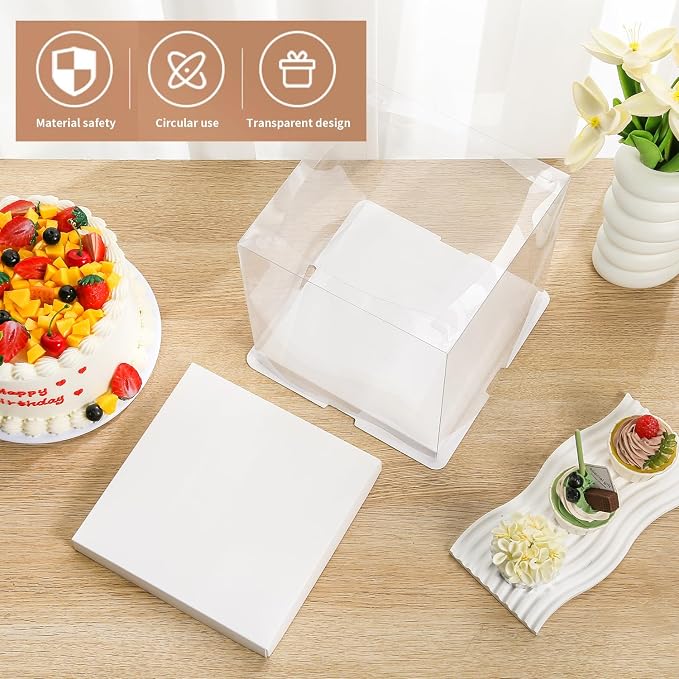 JCD 6Pcs Multi-Layer cake box，Large Cake PET Clear Box, 10" X 10" X 9" with ribbon and pre-folded lid, for 8" cake packing , baking cookie display, Carry Tall Layer box (White Lid, 10*10*9inch/6Pcs)