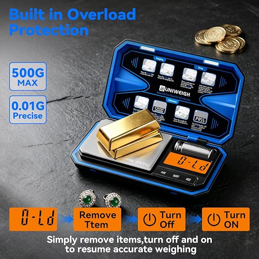 UNIWEIGH Digital Pocket Gram Scale 500g x 0.01g Precision Jewelry Scale | Mini Coin Scales 6 Units/LCD,Weighs Small Food,Gold,Powder,Micro,Ounces,Grains,Reloading,Tare Function,Blue(Battery Included)