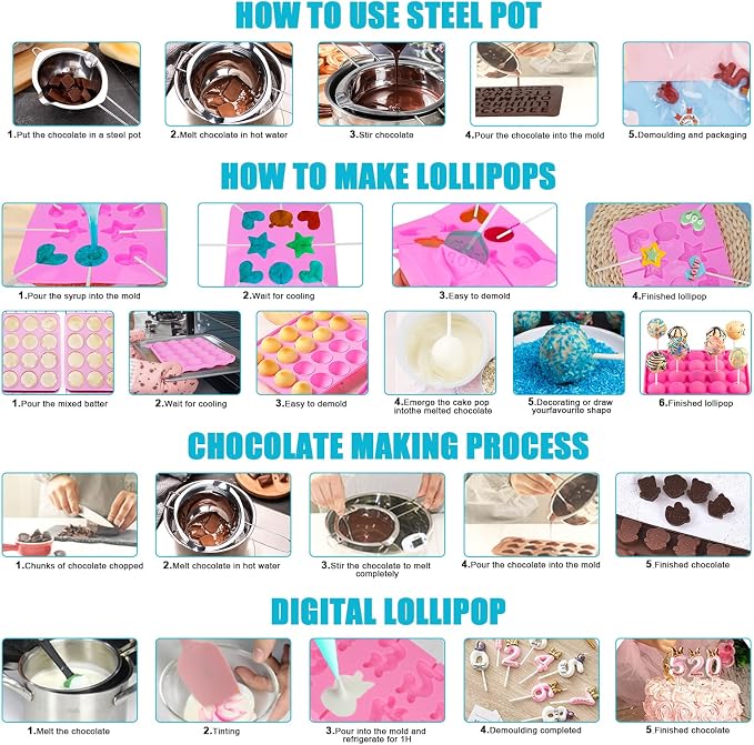 Cake Pop Maker Kit 618Pcs with 5 Silicone Mold Sets - 3 Tier Display Stand, Chocolate Candy Melting Pot, Piping Tips and Coupler, Measuring Cup, Muffin Cupcakes, Lollipop Sticks, Valentine Easter Gift