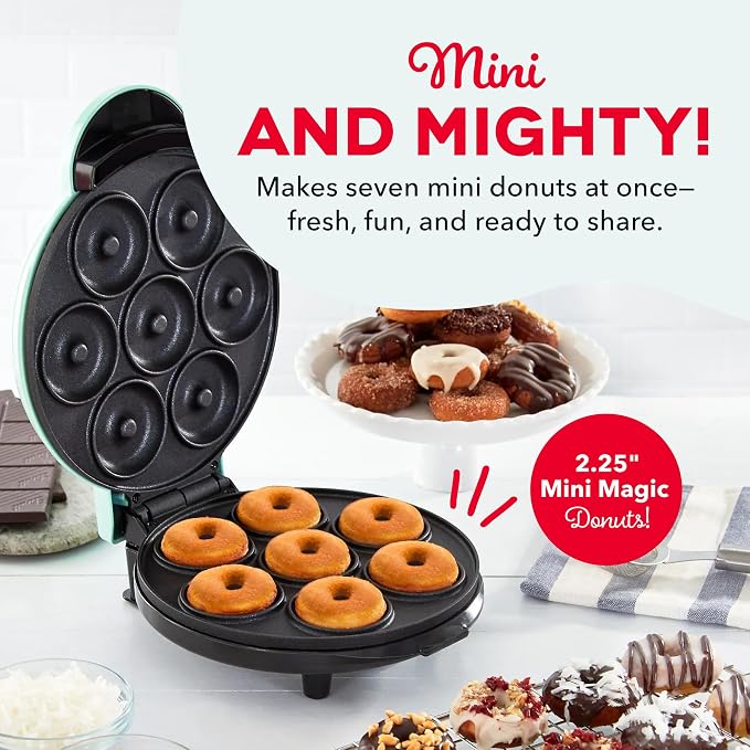 Dash Express Mini Donut Maker - Homemade Dessert Maker - Features Double-Sided, Non-Stick Surface & Space-Saving Design - Makes 7 - Aqua
