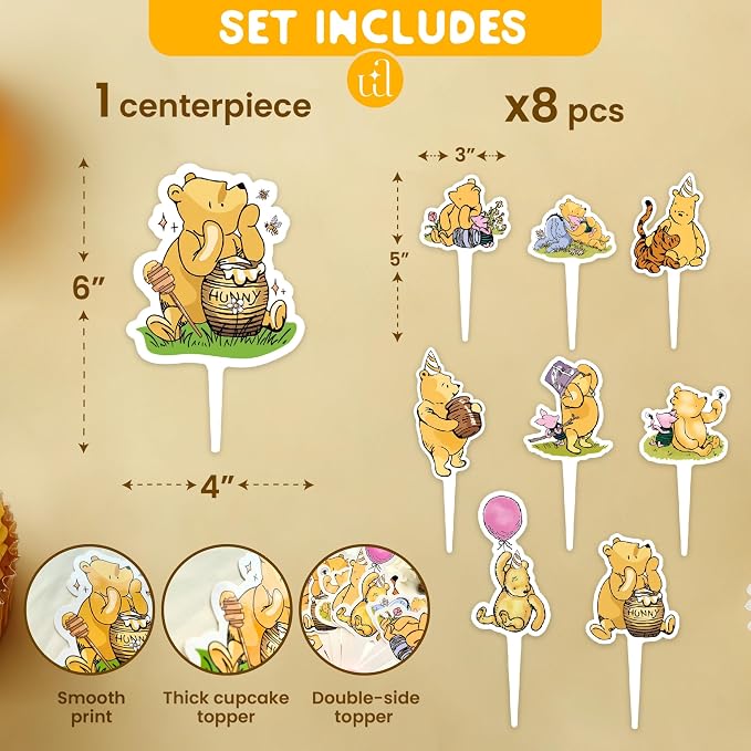 Woodamore Pooh Cupcake Toppers Birthday Decorations - Pooh Bear Baby Shower Cupcake Toppers, Cup Cake Topper For Pooh Baby Shower Decorations Ideas