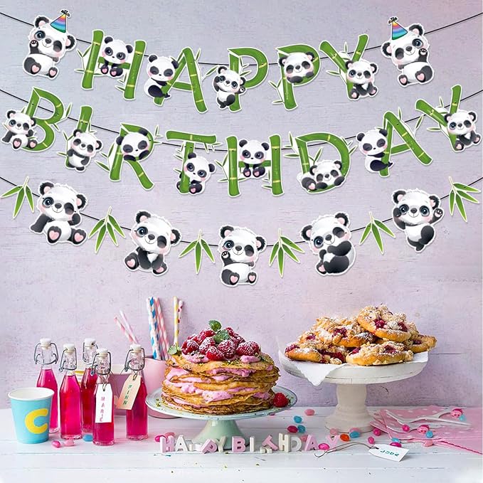 Zwiebeco Pandas Happy Birthday Party Decoration Green Black White Bamboo Leaves Sign Banner Hanging Paper Garland Bunting for Babys Kids Themed Accessories Supplies