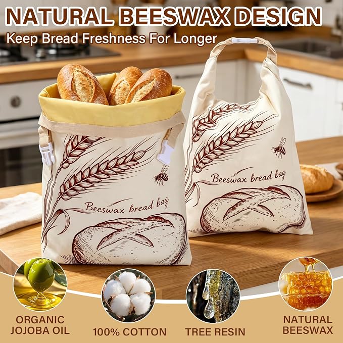 2-Pack Beeswax Bread Bags & 3 Wraps for Sourdough & Homemade – Fold Buckle | Natural cotton, 17x13 in bag with roll & buckle. Includes 3 wraps S/M/L. Reusable, freezer safe, washable, keeps bread fresh.