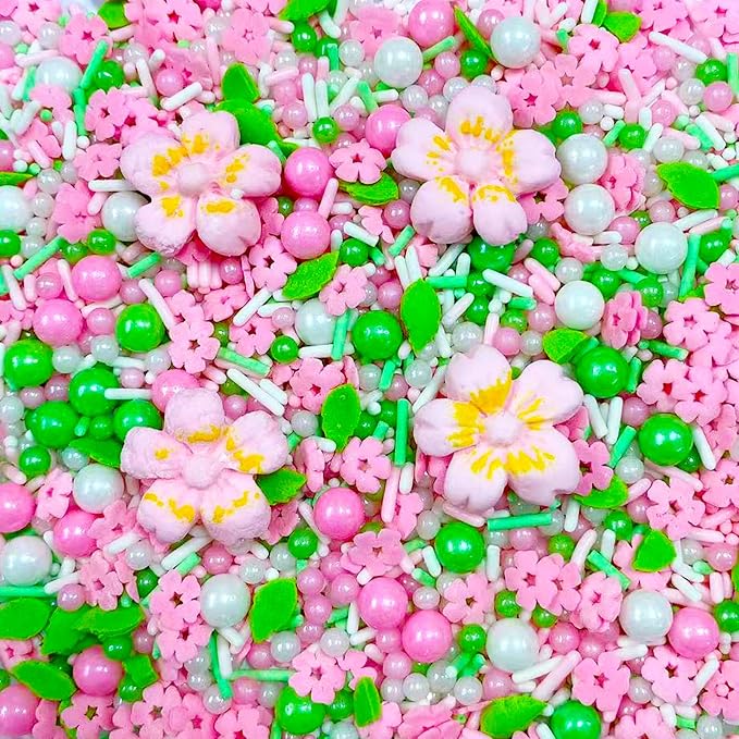 Sentovac Pink Flowers Sprinkles Edible Spring Green Peals Sprinkles for Cake Decorating Candy Cupcake Cake Topper Cookie Baking Decorations Christmas Wedding Supplies