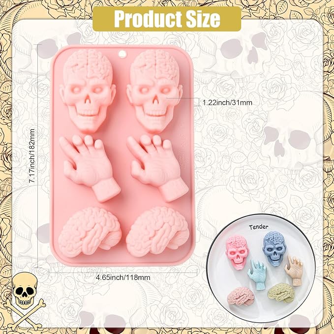 Ipotkitt 2pcs Pink Halloween Theme Silicone Candy Molds Skull Hand Brain Shaped Gummy Molds for Jelly Fondant Chocolate Candy Ice Cake DIY Crafts Keto Fat Bomb