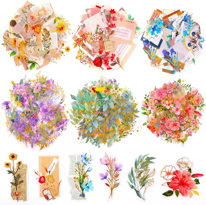 Pengxiaomei 210 Pieces Flower Stickers, Scrapbooking Stickers Self-Adhesive Bible Flower Scrapbooking Supplies Journal for DIY Craft, Planners, Journal, Notebook Card