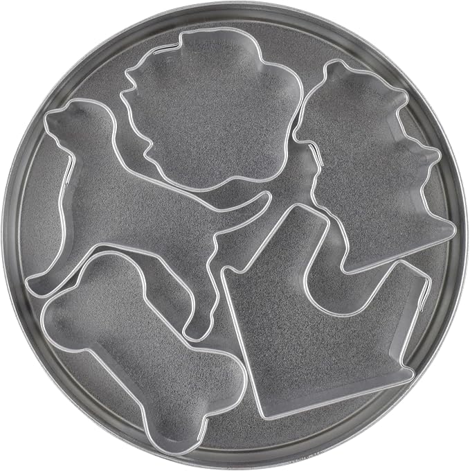 R&M International Mini Dog Cookie Cutters in Storage Tin, Paw, Dog, Fire Hydrant, Bone, House, 5-Piece Set