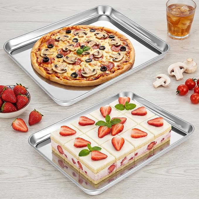 2 Pcs Baking Sheet 12.5" x 10" Stainless Steel Quarter Sheet Pan Set | Toaster Oven Pans for Baking, Metal Cookie Tray, Cookie Sheets Baking Pans, Nonstick for Cooking Toasting Dishwasher Safe