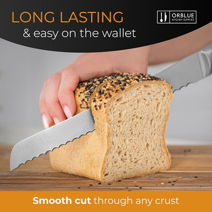 Orblue Serrated Bread Knife with 10-inch Upgraded Stainless Steel Razor Sharp Wavy Edge Width - Bread Cutter Ideal for Slicing Homemade Bagels and Cake (Tuscan Orange)