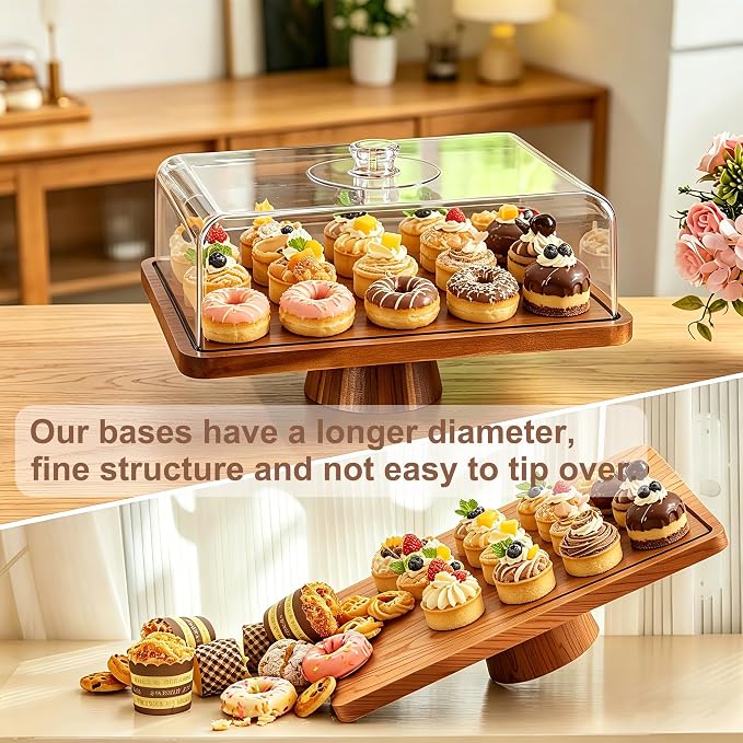 17" Rectangular Acacia Wood Cake Stand with Lid, 2-in-1 Multi-Functional Dessert Display Tray & Charcuterie Board for Cheese/Veggie/Chips & Dip, Birthday/Weddings/Party