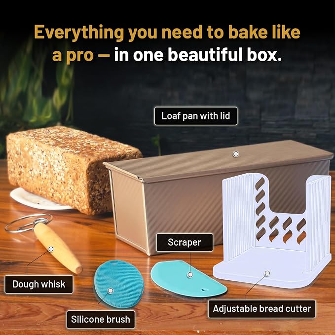5-Pack Pullman loaf pan with Lid – Sourdough Loaf Pan Set, Includes Dough Scraper, Whisk, Silicone Cleaning Brush & Bread Cutter – Long Loaf Pan with Lid for Homemade Loaf