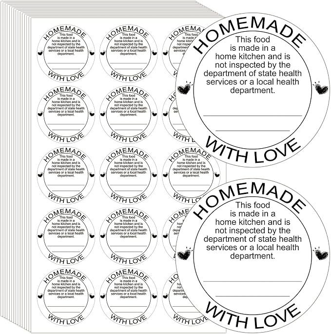 500 Pcs Cottage Food Law Homemade with Love Stickers 2 inch Home Kitchen Inspection Statement Labels Made in Home Kitchen Canning Jar Stickers of Personalized Baking (White)