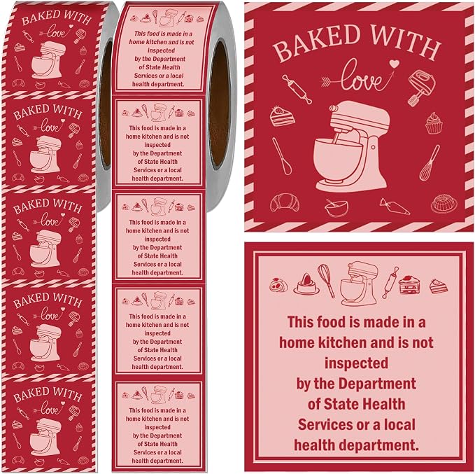 1000 Pcs Cottage Food Law Labels Stickers Cottage Bakery Decals | Baked with Love, Homemade Kitchen Inspection Statement Decals, Bakery Labels Stickes, DIY Crafts Homemade Bakery Baked Food