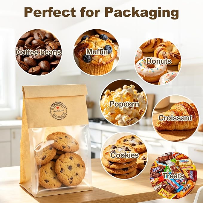 BagDream 100 Pcs Bakery Bags with Window 3.9x3.1x8.2" Small Cookie Bags with Seal, Tin Tie Tab Lock, Grease Resistant, Resealable for Bake Goods, Gift Giving, Party Favors, Bake Sale Packaging