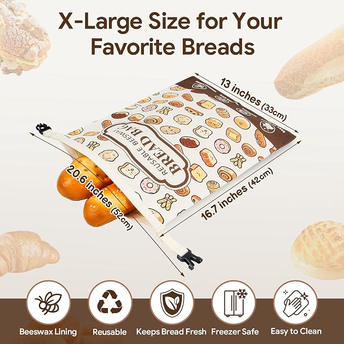 Beeswax Bread Bag, 2 Pack Reusable Bread Bags for Sourdough & Homemade Bread, Phsfem XL Size Organic Cotton Linen Bags with Natural Beeswax Lining,for Bread Freshness,Friendly Use, Multicolor