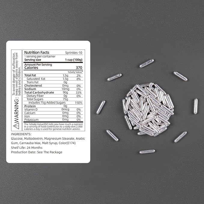 Cobakey Bright Silver Sprinkles for Cake Decorations 100g/ 3.52oz Rods Metallic Pearl Sugar Sprinkles for Cupcake Toppers Wedding Party Valentines Halloween Christmas Supplies