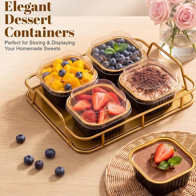 150 Pack 5 oz Black Gold Mini Cake Pans with Lid, Aluminum Foil Mini Baking Tins, Square Disposable Cupcake Baking Cup Dessert Container for Wedding Birthday Party Favors Picnic Supplies
