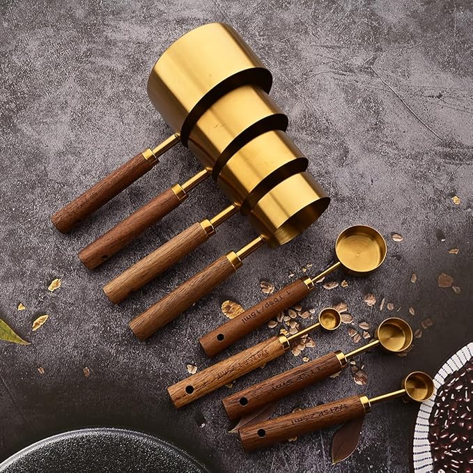 8 pieces Golden Measuring Cups Set and Measuring Spoons Set with Scale, BRIIEC Wooden Handle Stainless Steel Dry & Liquid Measuring Cup for Cooking Baking