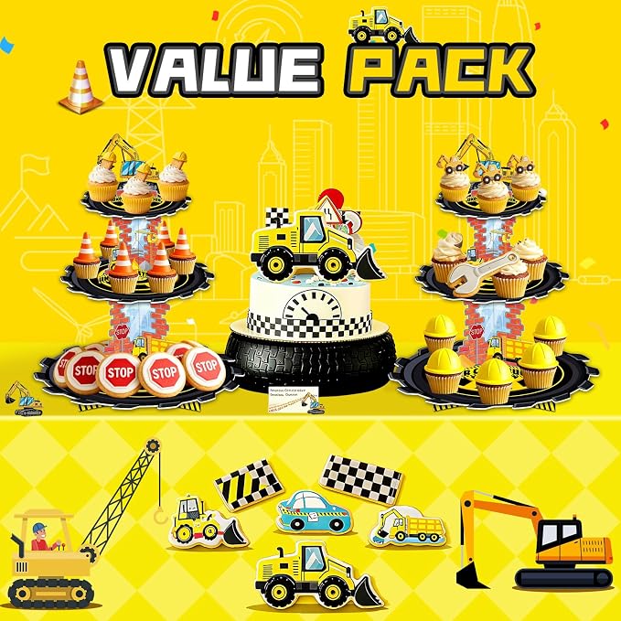 2 Pack Construction Birthday Decorations Party Supplies Favors: 3 Tier Building and Construction Vehicles Theme Cup Cake Stand with Topper, Waterproof Cardboard Cupcake Stand, High Stability