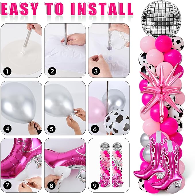2 Sets Disco Cowgirl Balloon Column Stand Kits Adjustable Pink Balloons with Disco Ball Explosion Star Cowgirl Boot Themed Tower Stand Kit for Western Party My First Rodeo Baby Shower Decorations