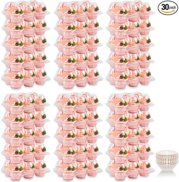 Cupcake Containers Holder - 6 Counts x 30 Sets Stackable Cupcake Boxes Carrier with 200 Pack Liners, Plastic Disposable Clear Cupcake Storage Tray with Detachable Dome Lid for Mini Individual Cake