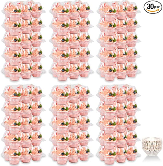 Cupcake Containers Holder - 6 Counts x 30 Sets Stackable Cupcake Boxes Carrier with 200 Pack Liners, Plastic Disposable Clear Cupcake Storage Tray with Detachable Dome Lid for Mini Individual Cake
