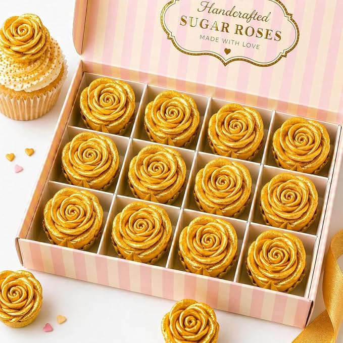 Confect Metallic Edible Rose Topper – Gold Roses for Cake, Cupcake & Doughnut Decoration – Pack of 12 Edible Floral Toppers- Vegan, Gluten-Free, Nut-Free, Soy-Free, Dairy-Free, Palm Oil-Free