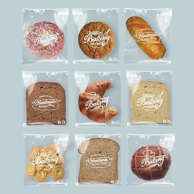 200pcs 6 x 7 Inch Baking Patterns Self Adhesive Packaging Bags, Clear Plastic Self Sealing Cellophane OPP Resalable Treat Bags for Bakery, Cookies, Homemade Bread Daily Use