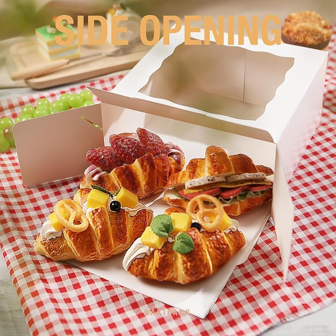 25 White Bakery Boxes with Window, 8x8x4 Inches Cake Boxes with Window, Treat Boxes for Pastry, Cupcake, Cookies, Muffins, Pie