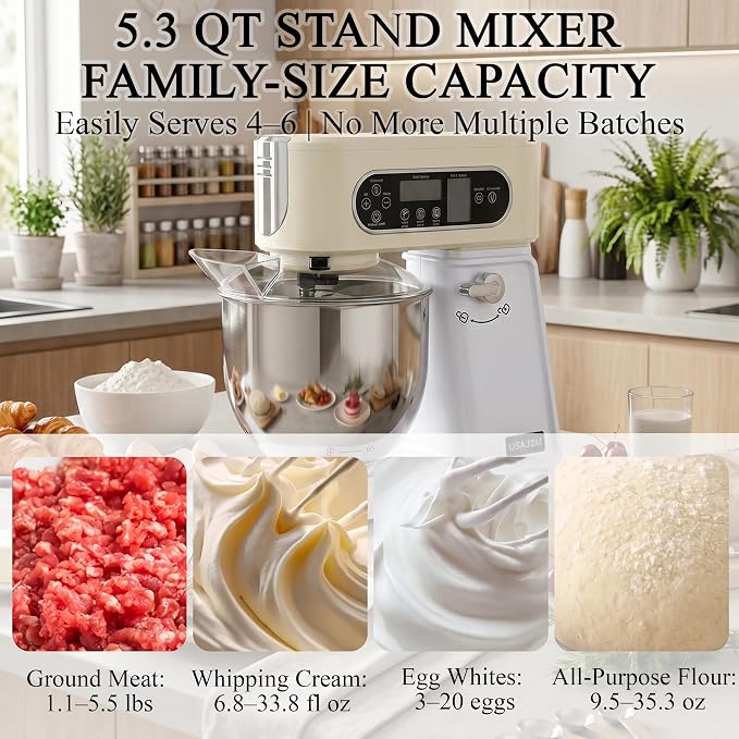 5.3 Qt 9-Speed Tilt-Head Stand Mixer, Multi-Function Electric Mixer | 3 Mixing Attachments, Meat Grinder & Vegetable Slicer, Stainless Steel Bowl, Splash Guard, Easy Clean, Almond Cream